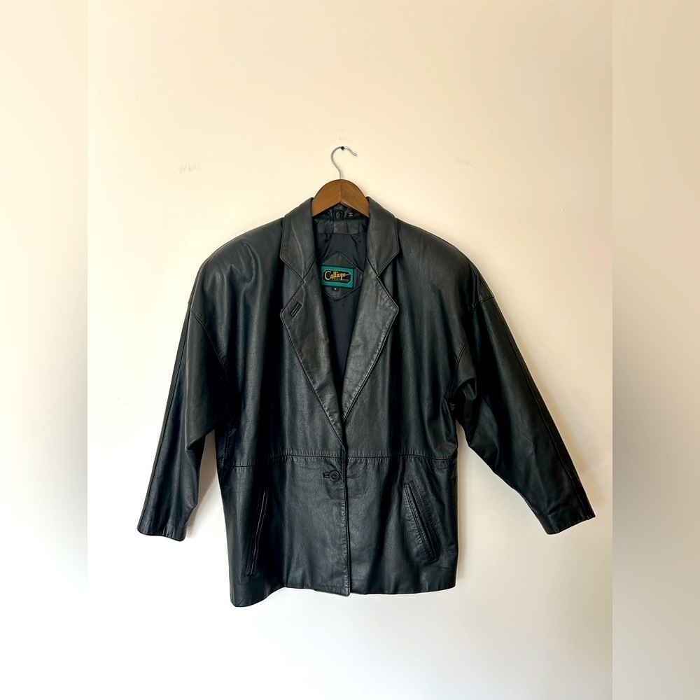 Vintage Calliope Black Leather Single Button Jacket with Pockets, Size S